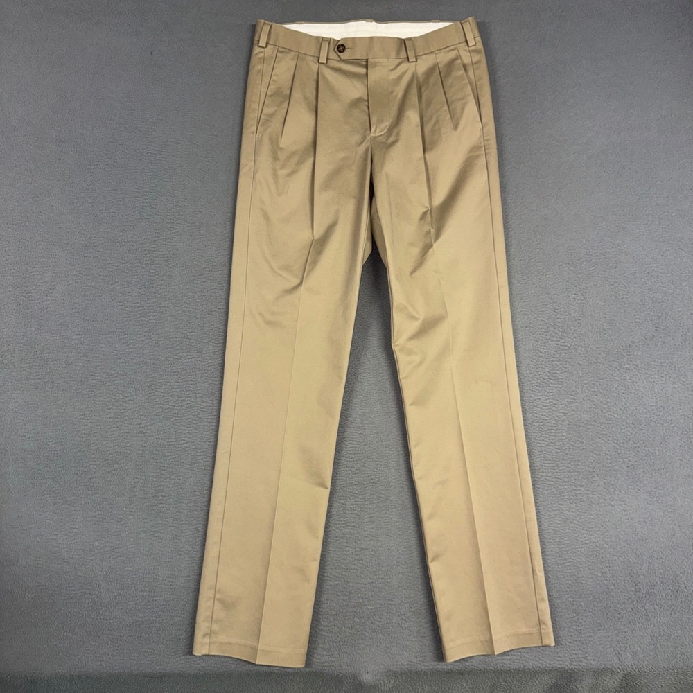 Roundtree & Yorke Pants Mens 32x34 Khaki Pleated Stretch Cotton Chino Trousers
